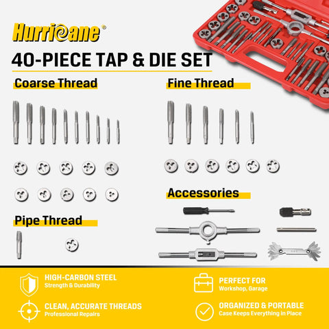 The Ultimate 80 Piece Tap And Die Set With Sae Metric Sizes For Auto Repair Pros Who Need Serious Thread Fixing Power GCr15 Steel Durability. 40-piece tap and die set in red case with coarse, fine, and pipe threads