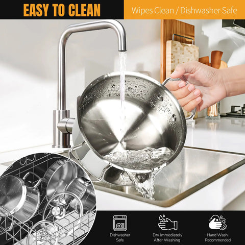 Cleaning Stainless Steel 6-Piece Nonstick Cookware Set With Lids in sink, emphasizing dishwasher safe feature