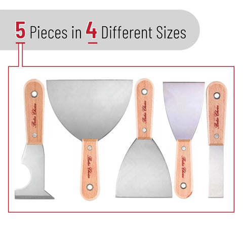 Five Piece Paint Scraper And Putty Knife Set With Five In One Tool featuring steel blades and wooden handles for DIY home improvement.