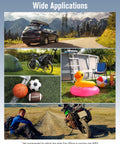 Wide applications of Cordless Tire Inflator Portable Air Compressor, including cars, bicycles, sports balls, and inflatables outdoors.