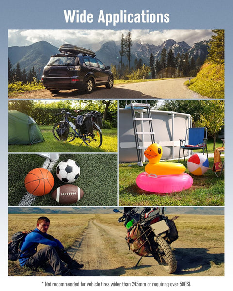 Wide applications of Cordless Tire Inflator Portable Air Compressor, including cars, bicycles, sports balls, and inflatables outdoors.