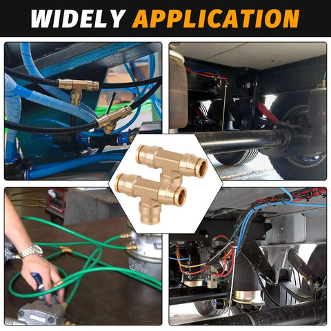 Pro Grade One Quarter Inch Tee Union Push To Connect Brass Air Brake Line Fittings Four Pack DOT Approved connectors in use