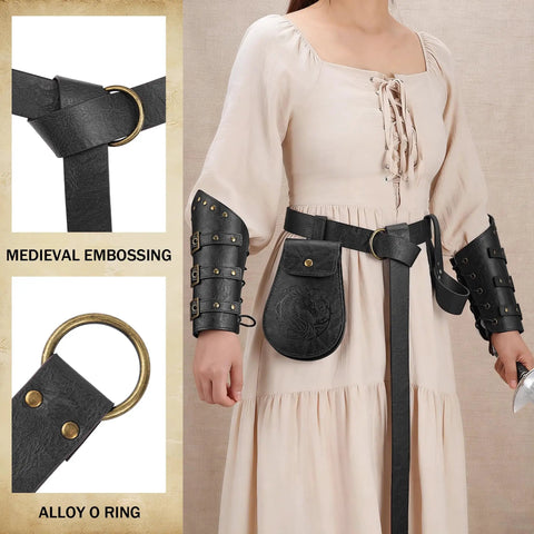 Renaissance Knight Costume Kit With Leather Belt Pouch Arm Bracers And Sword Frog For Halloween Dress Up Black Dope 5 Piece Set