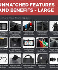 Heavy Duty Trunk Organizer For Cars, SUVs And Trucks With Adjustable Compartments, Collapsible Design, and securing straps