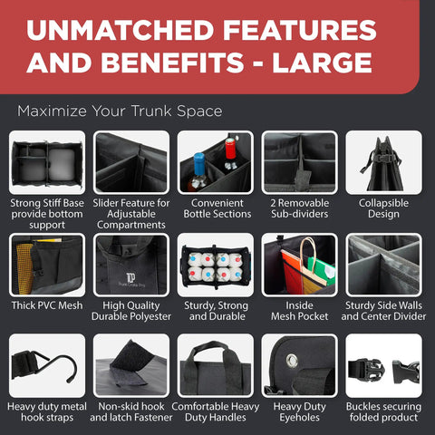 Heavy Duty Trunk Organizer For Cars, SUVs And Trucks With Adjustable Compartments, Collapsible Design, and securing straps