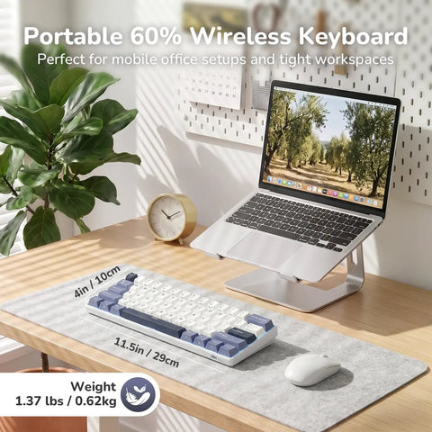 Compact 60 Percent Mechanical Gaming Keyboard Wireless Three Mode Setup, portable and lightweight on desk with laptop and mouse.