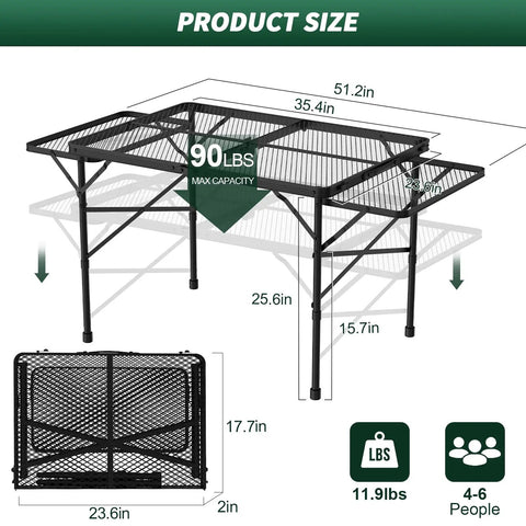 Tool Free Foldable Outdoor Table With Wing Panels And Mesh Desktop 3x2 Ft Picnic Table dimensions and weight details