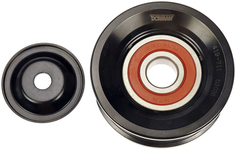 Dorman 419-711 accessory drive belt idler pulley pair; two black pulleys with red inner bearings.