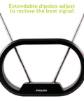 Indoor TV Antenna With 15 Inch Extendable Dipoles For Local Channels No Cable Needed 4K 1080P VHF UHF Digital HDTV Reception Tabletop Antenna For Smart TV Includes 4 Ft Coax Cable Black with extendable dipoles.