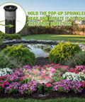 Heavy Duty 4 Inch Pop Up Sprinkler Heads 8 Pack For Lawn Irrigation Upgrade adjusts spray direction in flower garden.