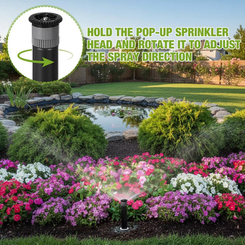 Heavy Duty 4 Inch Pop Up Sprinkler Heads 8 Pack For Lawn Irrigation Upgrade adjusts spray direction in flower garden.