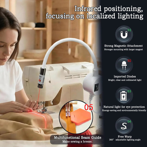 3 In 1 USB Magnetic Quilting Light with Laser Seam Guide for sewing machines in use, showcasing red point laser alignment