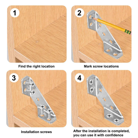 Step-by-step installation guide for 12 Pack Universal Stainless Steel Furniture Corner Connectors With Screws on wooden cabinet