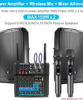 Beast 150W X2 Powered Audio Mixer With 4 Channel Soundboard Dual Wireless Mics MP3 USB Bluetooth 48V Phantom Power Stereo DJ Mixing Console product