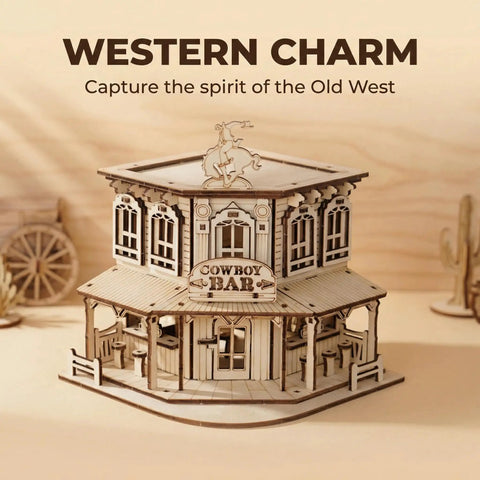 Wild West 3D Wooden Puzzle Kit For Adults And Teens, Miniature Cowboy Saloon Building Set, Desktop Architecture Model, Hands-On Wood Craft Project, Creative Gift For Woodworking Hobbyists And Collectors; wooden cowboy bar display