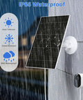 6W Solar Panel For Arlo Cameras with IP66 waterproofing on wall, shown in rain, compatible with Arlo Essential 2K