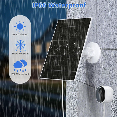 6W Solar Panel For Arlo Cameras with IP66 waterproofing on wall, shown in rain, compatible with Arlo Essential 2K