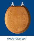 Natural Oak Veneer Toilet Seat With Chrome Hinges, Round Wood Design, top view showing chrome hinge attachment.