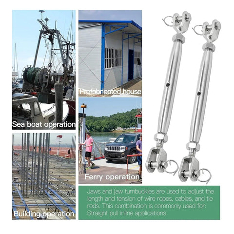 Rock Hard 304 Stainless Steel Swivel Jaw Turnbuckles For Marine Sailboat Rigging mounted for various applications including boats and buildings.