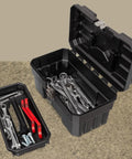 14 Inch Built Tough Heavy Duty Plastic Toolbox With Removable Tray, Steel Latch And Padlock Eye For Tools, Crafts, First Aid And Hobby Supplies, Industrial Grade Storage, Portable Box, Made In USA, Black open with tools inside
