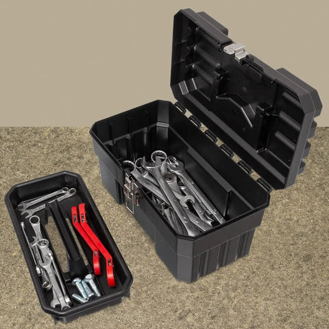 14 Inch Built Tough Heavy Duty Plastic Toolbox With Removable Tray, Steel Latch And Padlock Eye For Tools, Crafts, First Aid And Hobby Supplies, Industrial Grade Storage, Portable Box, Made In USA, Black open with tools inside