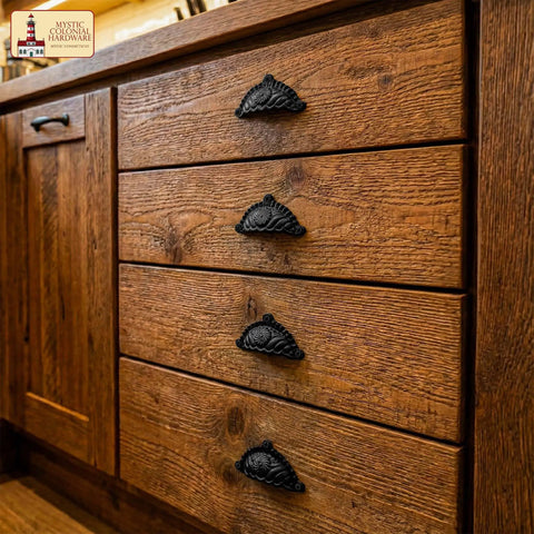 Wooden drawers with Matte Black Cup Drawer Pulls for Cabinets and Kitchen, Mystic Colonial Style Flat Black Cabinet Handles