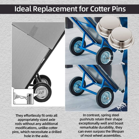 8 Pack Spring Steel Push On Pushnut Caps with Mechanical Zinc Plating for One Half Inch Axles on hand trucks and lawn wagons.