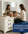 Woman organizing books on a dresser with Antique Black Drawer Pulls 6 Pack Vintage Dresser Handles With Drop Bail Pulls 3.5 Inch Hole Center Zinc Alloy