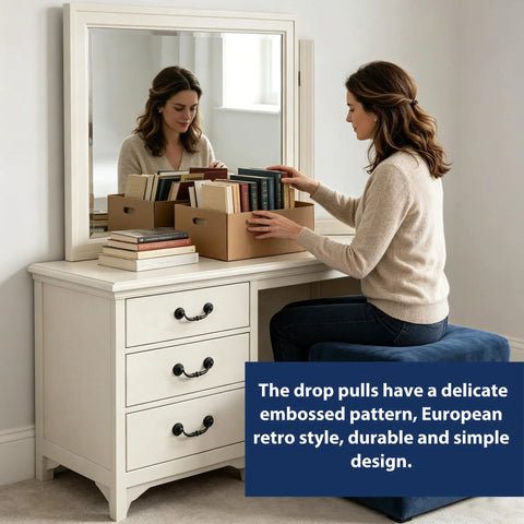 Woman organizing books on a dresser with Antique Black Drawer Pulls 6 Pack Vintage Dresser Handles With Drop Bail Pulls 3.5 Inch Hole Center Zinc Alloy