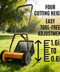 Lightweight 16 Inch Push Lawn Mower With Rear Roller For Stripes Four Adjustable Cutting Heights From 0.6 To 1.6 Inches