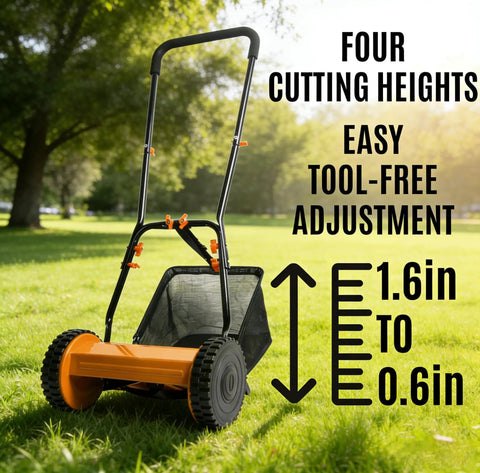 Lightweight 16 Inch Push Lawn Mower With Rear Roller For Stripes Four Adjustable Cutting Heights From 0.6 To 1.6 Inches