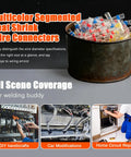 Multicolor segmented heat shrink wire connectors in metal container with DIY and automotive applications shown
