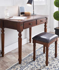 Retro Brown Computer Desk With Two Smooth As Butter Storage Drawers Absolutely Hella Sturdy Construction Provides A Killer Workspace Setup with a leather stool.