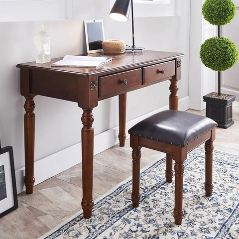 Retro Brown Computer Desk With Two Smooth As Butter Storage Drawers Absolutely Hella Sturdy Construction Provides A Killer Workspace Setup with a leather stool.