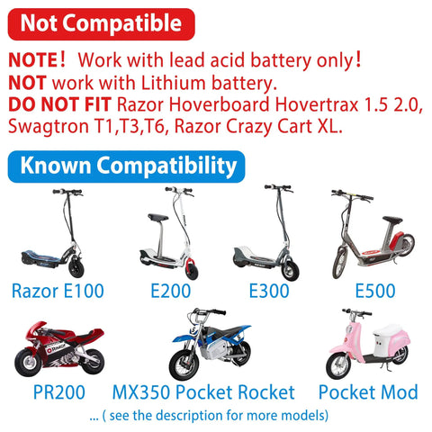 Compatibility chart for 24V 1500mA Electric Scooter Charger For Razor E100 E200 E300 E500 PR200 MX350 Pocket Mod Dirt Quad Replacement Battery Charger