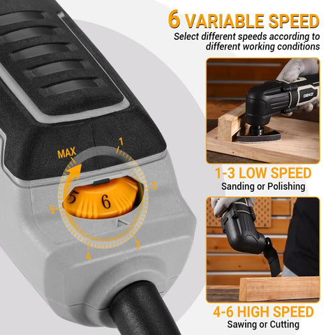 Hardcore 2.5 Amp Oscillating Multi Tool Corded Electric Workhorse With Sick 3000 To 22000 RPM Output Six Variable Speeds Control dial for speed adjustment.