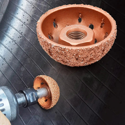 Heavy Duty 42mm Tungsten Steel Tire Repair Kit Featuring Durable Buffing Wheel, showing buffing wheel on tire surface.