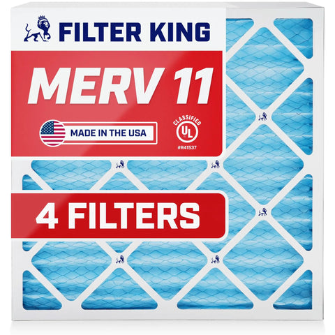Front view of Filter King 12x12x1 MERV 11 Pleated Air Filter Pack Of 4 For Your Home HVAC And AC Systems Actual Size 11.5x11.5x0.75 Inches Made In USA