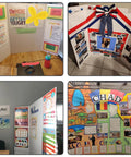 Collage of 36 By 48 Inch Trifold Poster Board White Corrugated Pack Of 2 for presentations and school projects with colorful designs.