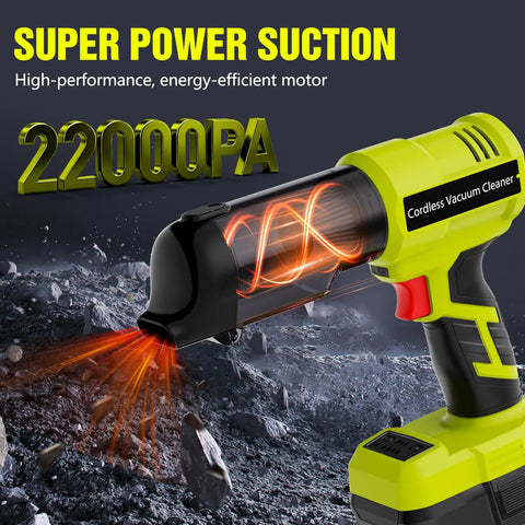3 In 1 Cordless Handheld Vacuum Compatible With Ryobi 18V Battery shown with 22000 Pa power suction on rocky surface