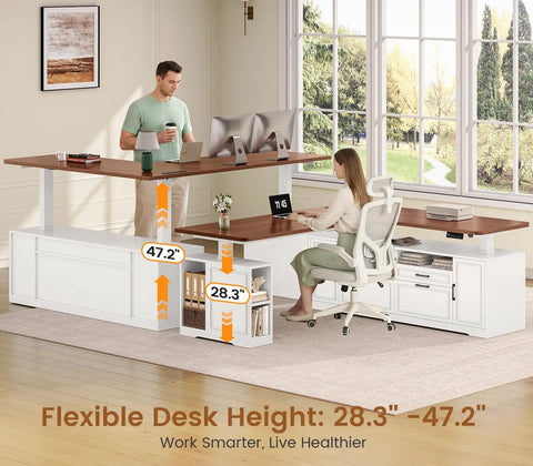 L Shaped Electric Standing Desk With Four Wood Drawers Farmhouse Executive Workstation Height Adjustable Sit Stand Table Home Office Gaming Setup Big Boy Workspace Smooth Motor Rock Solid Build with adjustable height 28.3" to 47.2".