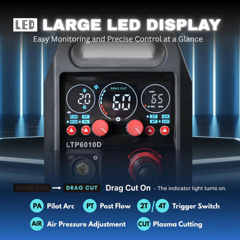 Close-up view of LED control panel on 60 Amp Plasma Cutter With Drag Cut Control For Smooth Straight Cuts Up To Five Eighths Inch On Steel Aluminum And Copper Non Touch Pilot Arc New Design Torch Dual Voltage 110 And 220 Volts LED Panel Front Regulator Perfect For The Shop And DIY Crew