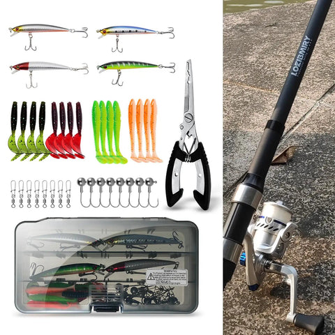 All In One Fishing Gear Kit With 2 Telescopic 6.89 Ft Rods, 2 Spinning Reels, Lures, Pliers, Travel Carrier Bag displayed on shore.