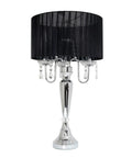Trendy Romantic Sheer Shade Hanging Crystals Table Lamp In Black With Chrome Finish Chic Vibe Draping Crystals Thirty One Inch Tall Sixteen Point Five Four Inch Shade Diameter Candelabra Base Style Great For Living Room Or Bedroom Decor
