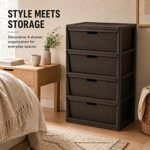Wide 4 Drawer Plastic Storage Tower With Smooth Glide Removable Bins, Brown Cross Weave Decorative Organizer A Total Game Changer For Bedroom Closet Decluttering And Home Tidy Up