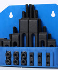 Front view of 58Piece T Slot Clamping Kit For Mills And Machinists With T Slot Cleaner And Tightening Wrench, organized in blue case
