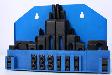 Front view of 58Piece T Slot Clamping Kit For Mills And Machinists With T Slot Cleaner And Tightening Wrench, organized in blue case