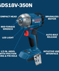 Straight Fire 18V Brushless Half Inch Mid Torque Impact Wrench Pumping Four Hundred Ten Foot Pounds Of Raw Breakaway Grunt In A Zero Bs Compact Bare Tool with LED light and compact head.