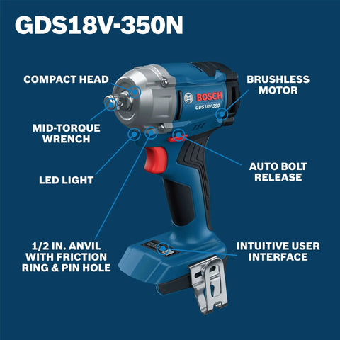 Straight Fire 18V Brushless Half Inch Mid Torque Impact Wrench Pumping Four Hundred Ten Foot Pounds Of Raw Breakaway Grunt In A Zero Bs Compact Bare Tool with LED light and compact head.