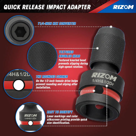 Three Piece Quick Release Impact Bit Holders Set With One Half Inch, Three Eighths Inch And One Quarter Inch Square Drive